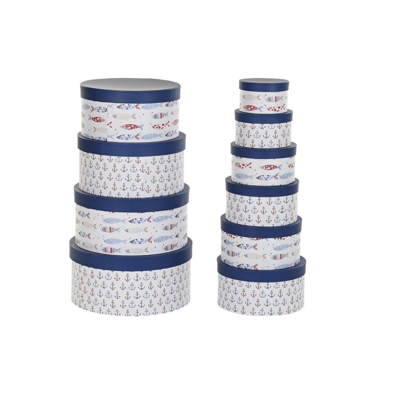 Jeu de Caisses de Rangement Empilables DKD Home Decor Marin Rayures Blanc Blue marine Carton (37,5 x 37,5 x 18 cm)