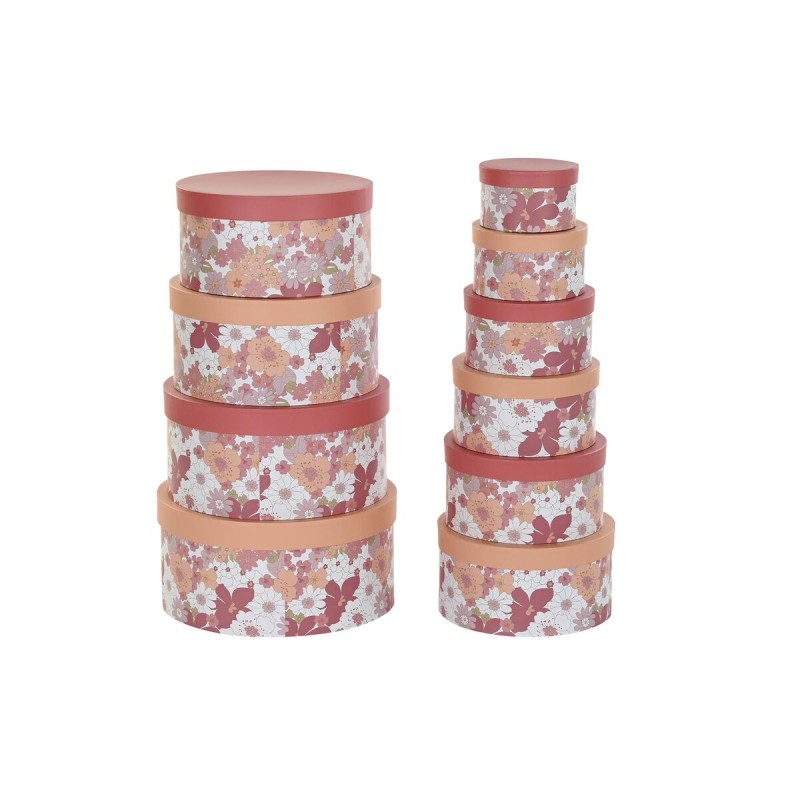 Jeu de Caisses de Rangement Empilables DKD Home Decor Fleurs Rayures Fuchsia Blanc Pêche Carton (37,5 x 37,5 x 18 cm)