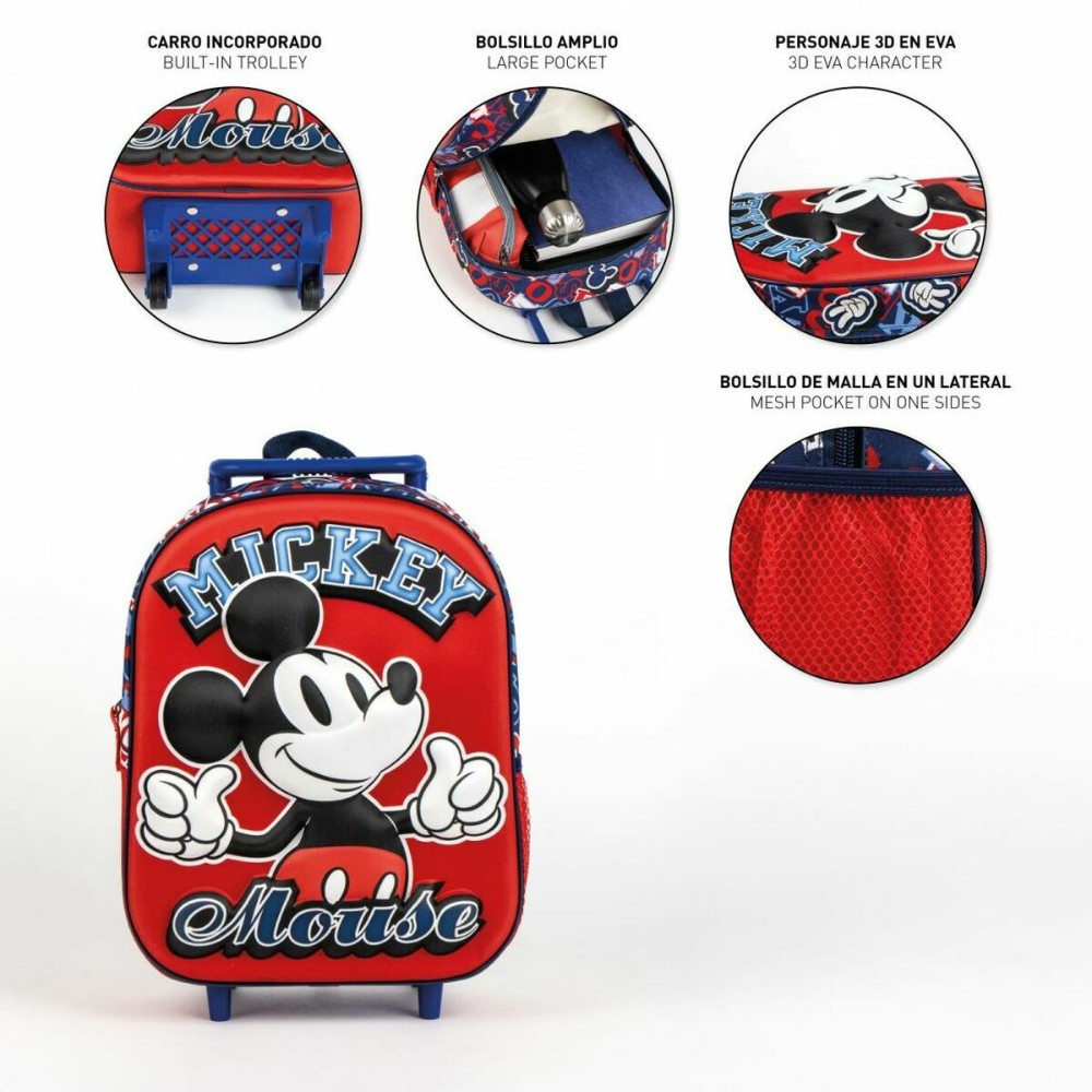 School Rucksack with Wheels Mickey Mouse Red 25,0 x 31,0 x 10,0 cm 3D