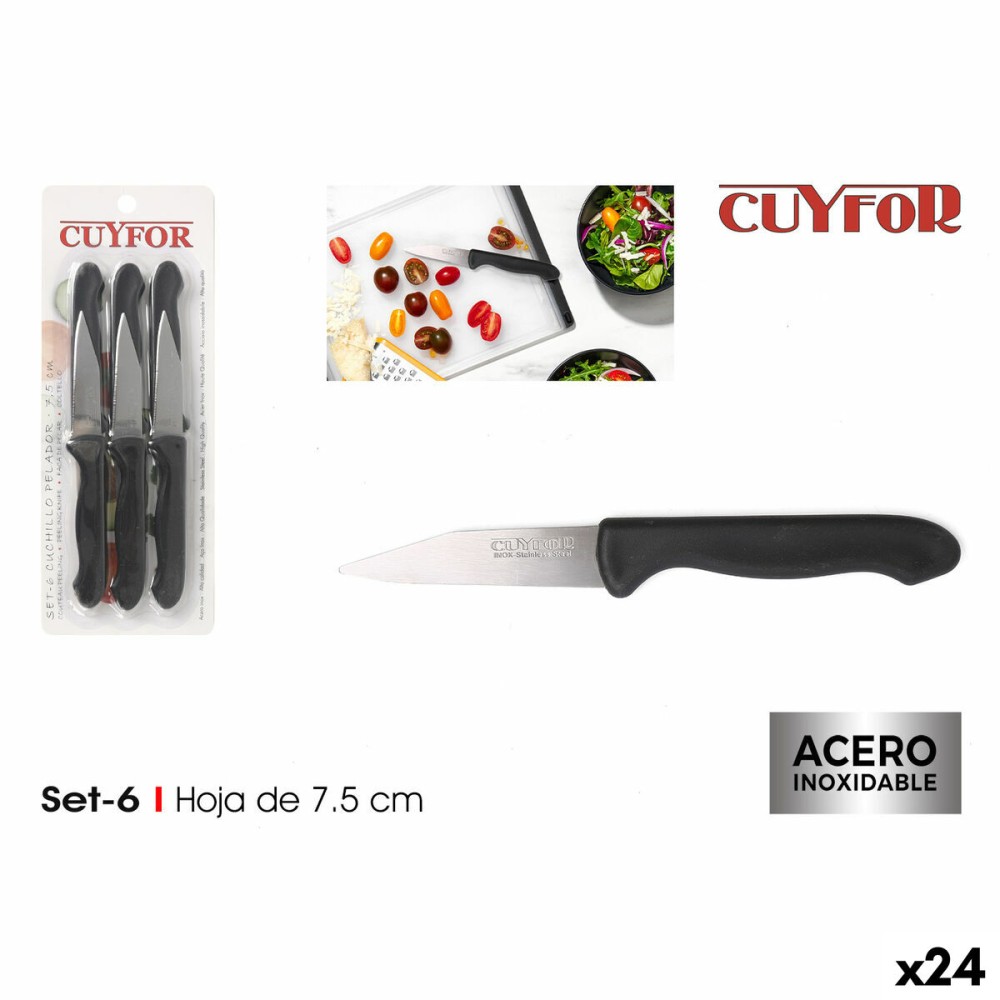 Peeler Knife Set Cuyfor Black Silver Stainless steel 7,5 cm 6 Pieces (24 Units)