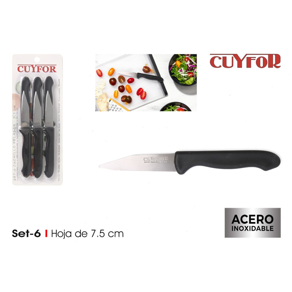 Peeler Knife Set Cuyfor Black Silver Stainless steel 7,5 cm 6 Pieces (24 Units)