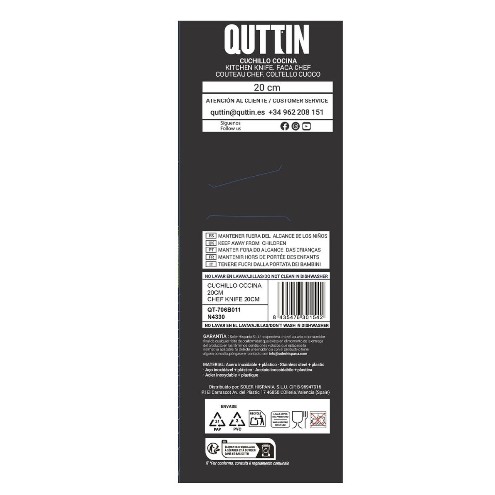 Couteau de cuisine Quttin Laos Noir Argenté 20 cm (24 Unités)