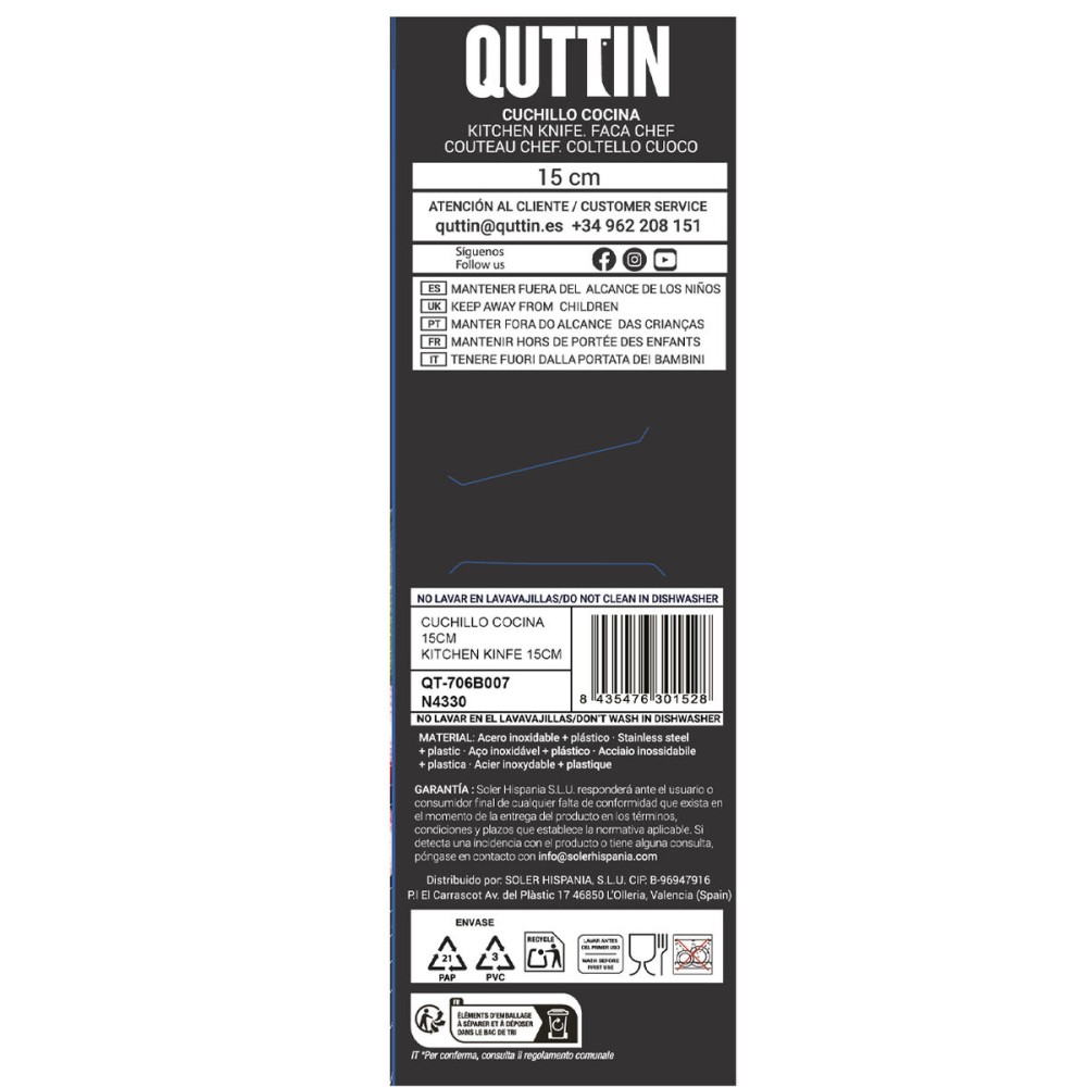 Couteau de cuisine Quttin Laos Noir Argenté 15 cm (36 Unités)