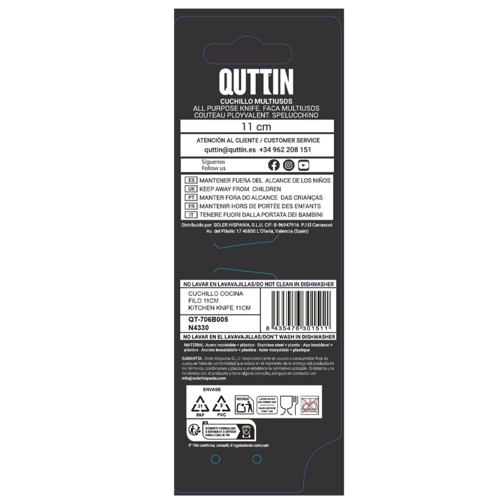 Couteau de cuisine Quttin Laos Noir Argenté 11 cm 20 x 2 x 2 cm Polyvalents (36 Unités)