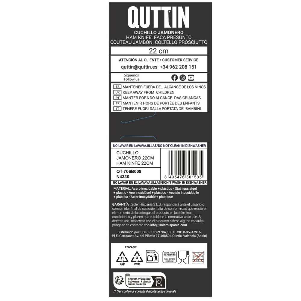 Ham knife Quttin Laos 22 cm Black Silver (36 Units)
