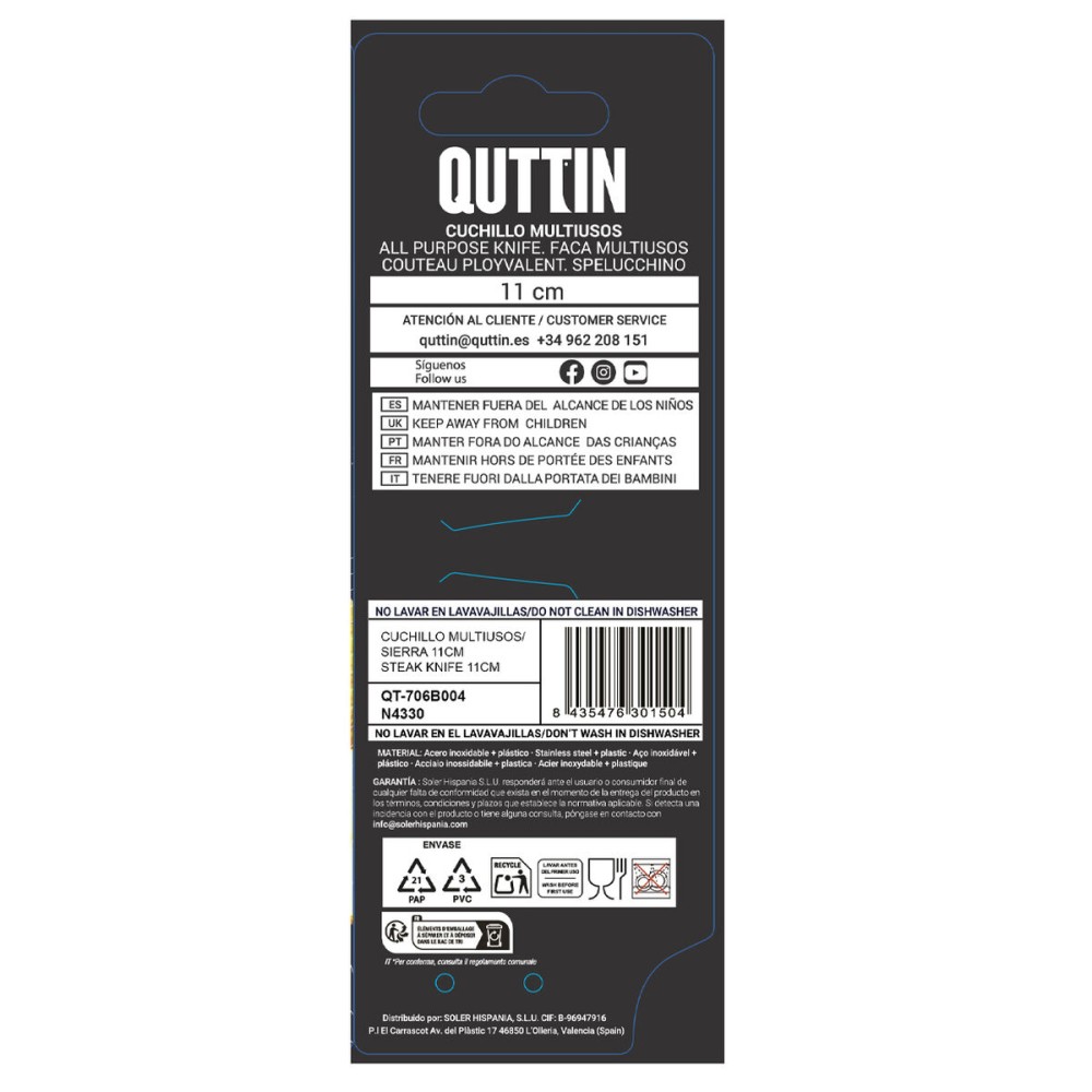 Couteau de cuisine Quttin Laos Noir Argenté 11 cm Polyvalents (36 Unités)