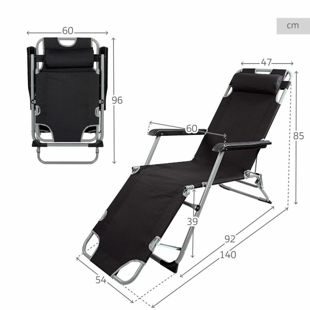 Chaise longue inclinable Aktive Polyester 600D Acier Noir 177 x 47 x 34 cm