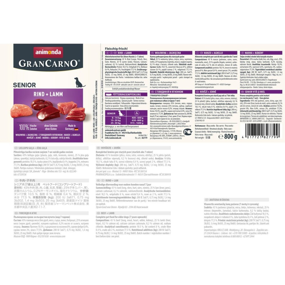 Wet food Animonda GranCarno Senior Veal Lamb Beef 800 g