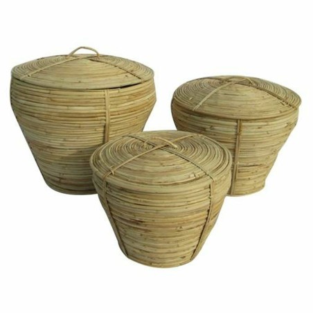 Set de basket DKD Home Decor Avec couvercle Naturel Rotin Tropical (3 Pièces) (35 x 35 x 30 cm)