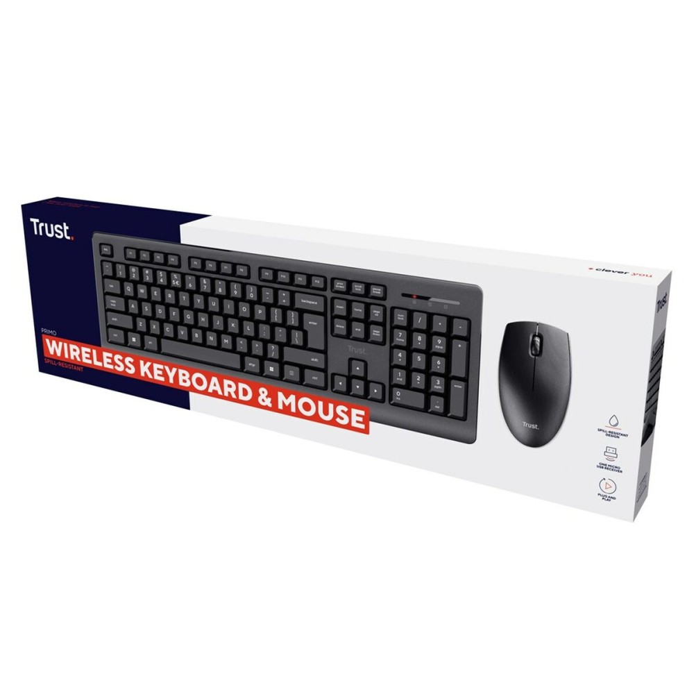 Tastatur mit Drahtloser Maus Trust Primo Schwarz Schwarzweiß Englisch EEUU Qwerty US