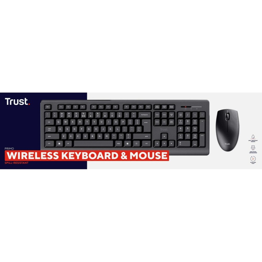 Tastatur mit Drahtloser Maus Trust Primo Schwarz Schwarzweiß Englisch EEUU Qwerty US