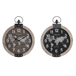 Horloge Murale DKD Home Decor 40 x 6,5 x 46 cm Noir Marron Fer Vintage Bois MDF Mappemonde (2 Unités)