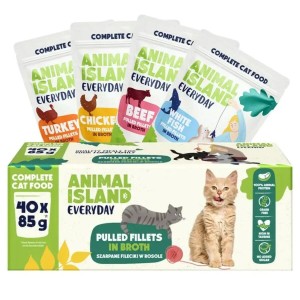 Katzenfutter ANIMAL ISLAND Everyday Beef, chicken, turkey and white fish fillets in broth 40 x 85 g