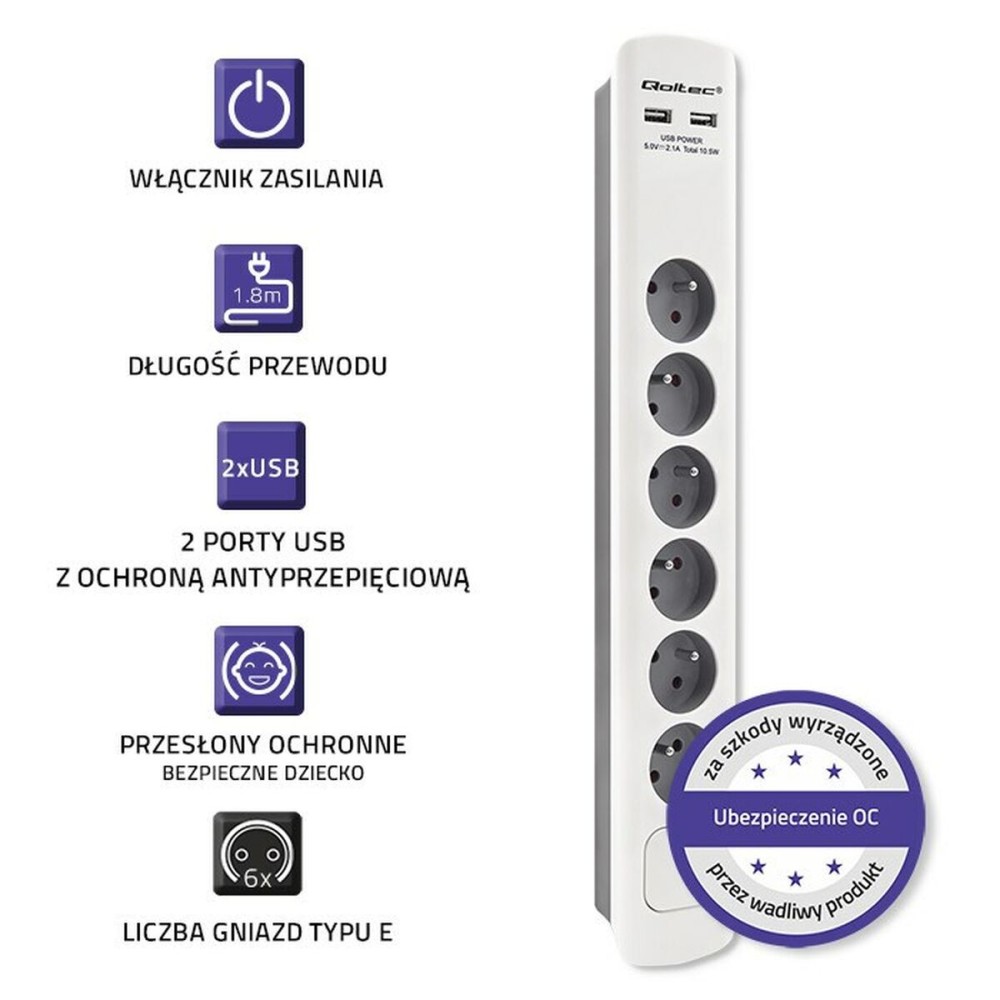 Power Socket - 6 Sockets with Switch Qoltec 50294 (1,8 m)
