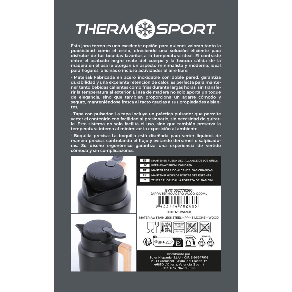 Pichet Thermo ThermoSport Noir 1,2 L (4 Unités)