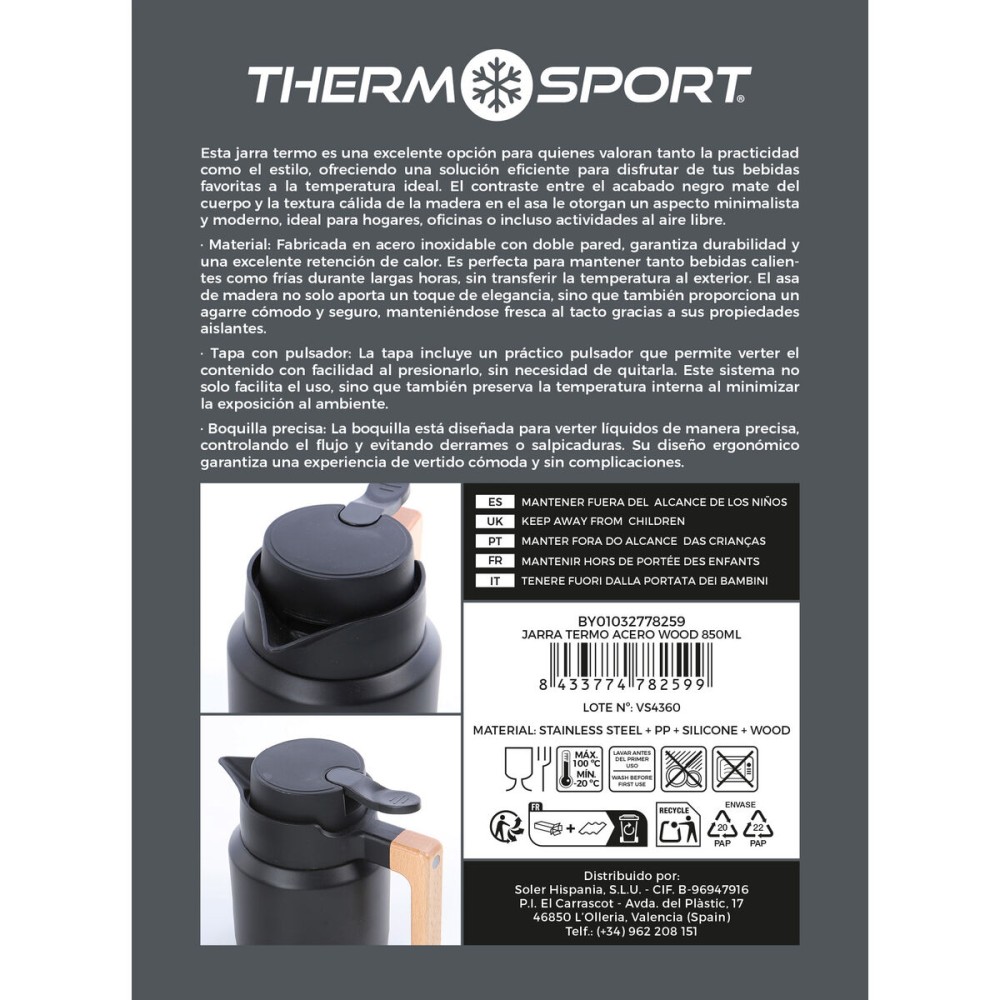 Thermoskanne ThermoSport Schwarz 850 ml (4 Stück)