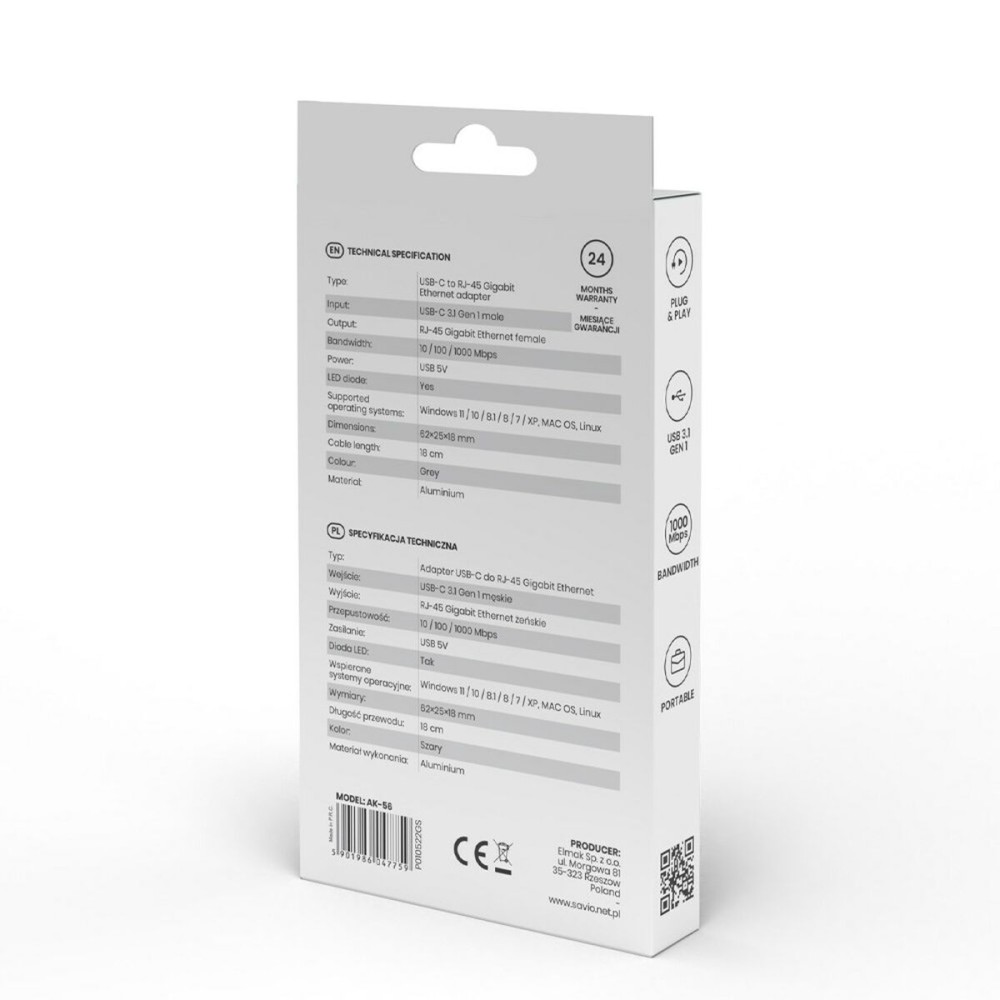 Adaptateur USB-C vers Ethernet Savio AK-56