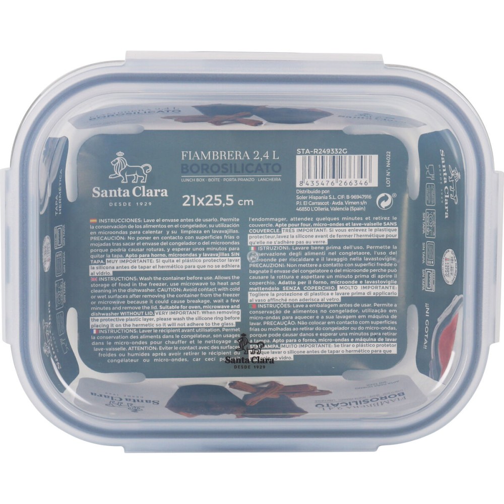 Hermetic Lunch Box Santa Clara Transparent Rectangular 2,4 L (4 Units)