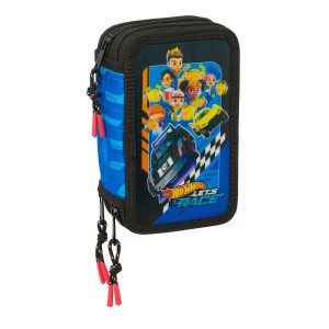 Dreifaches Federmäppchen Hot Wheels Let's race Blau Schwarz 12,5 x 19,5 x 5,5 cm 37 Stücke