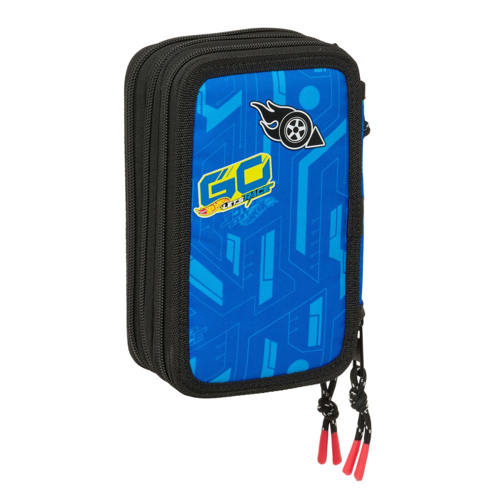 Dreifaches Federmäppchen Hot Wheels Let's race Blau Schwarz 12,5 x 19,5 x 5,5 cm 37 Stücke