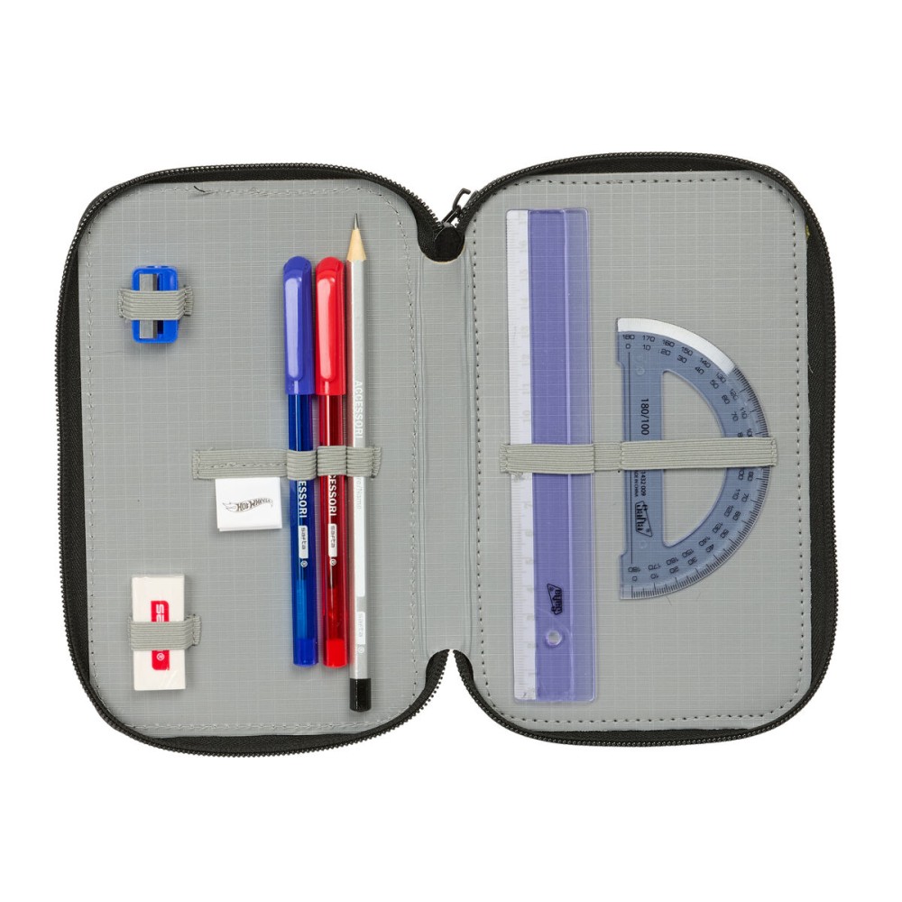 Triple Pencil Case Hot Wheels Let's race Blue Black 12,5 x 19,5 x 5,5 cm 37 Pieces
