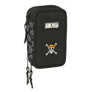 Dreifaches Federmäppchen One Piece Pirates Schwarz 12,5 x 19,5 x 5,5 cm 37 Stücke
