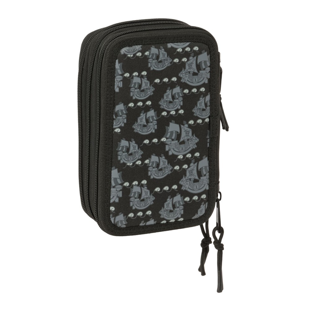 Dreifaches Federmäppchen One Piece Pirates Schwarz 12,5 x 19,5 x 5,5 cm 37 Stücke