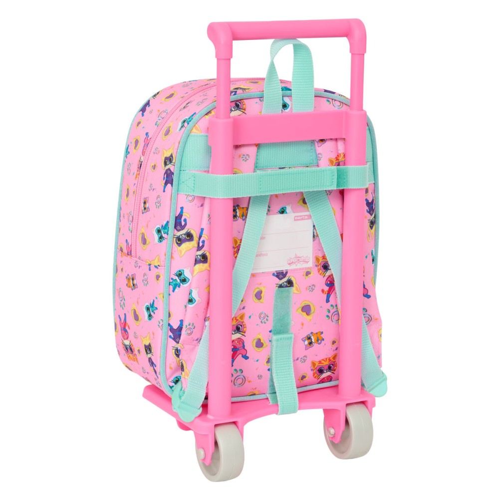 School Rucksack with Wheels SuperKitties Pink Turquoise 22 x 27 x 10 cm