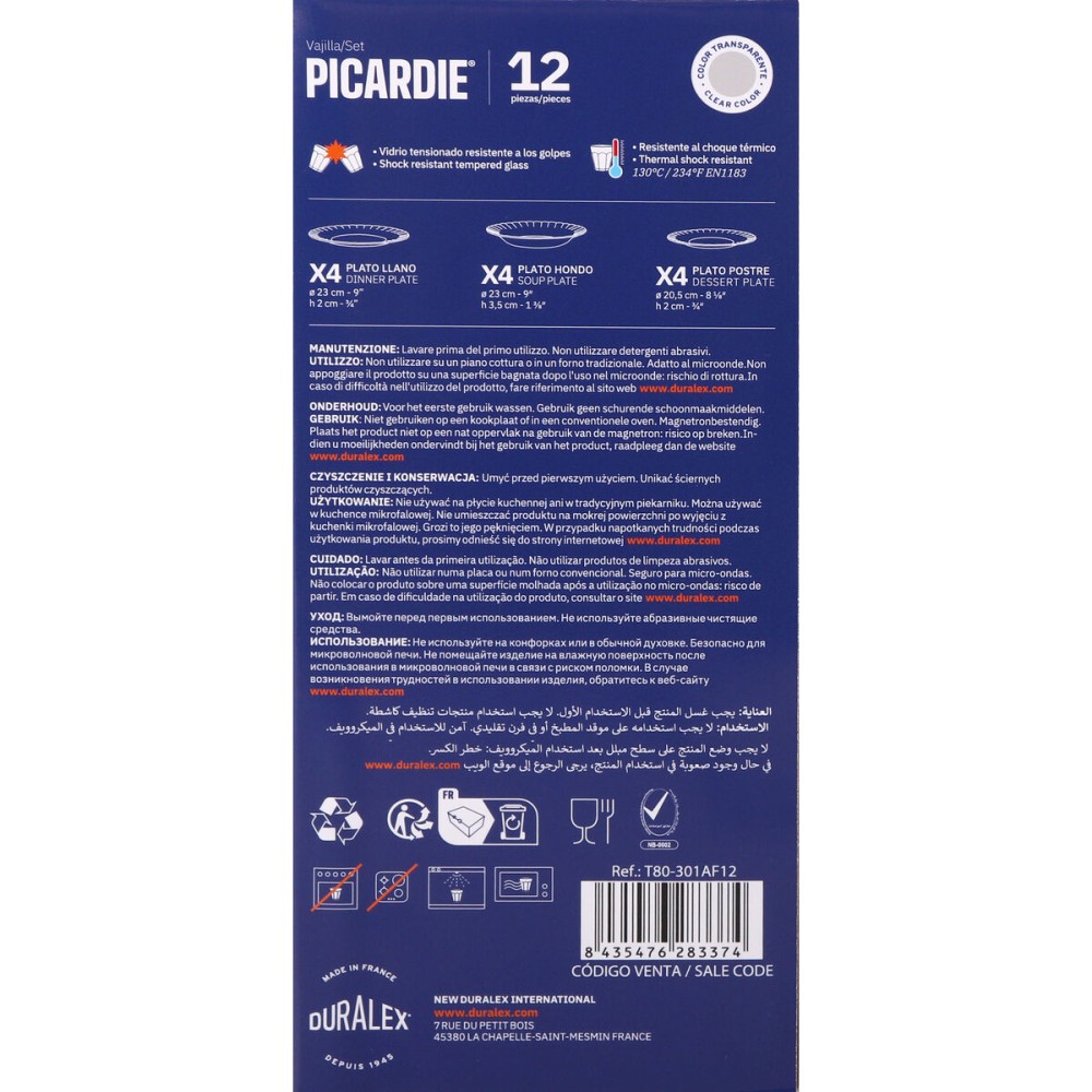 Assiettes Duralex Picardie Transparent 12 Pièces (2 Unités)