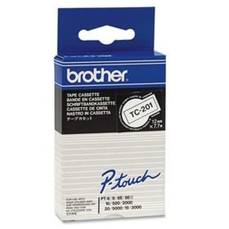 Ruban Laminé pour Etiqueteuses Brother TC-201 Blanc/Noir 12 mm 12 mm x 7,7 m