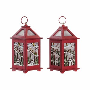 Laterne DKD Home Decor Weihnachten Rot Baum Holz Weiß Rentier Haus (2 Stück) (9 x 9 x 18 cm)