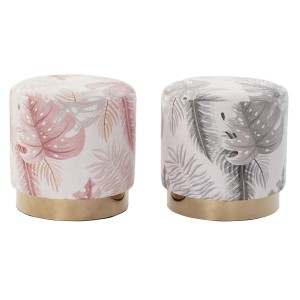 Footrest DKD Home Decor Grey Golden Wood Polyester Coral Tropical Leaf of a plant (35 x 35 x 35 cm) (2 Units)