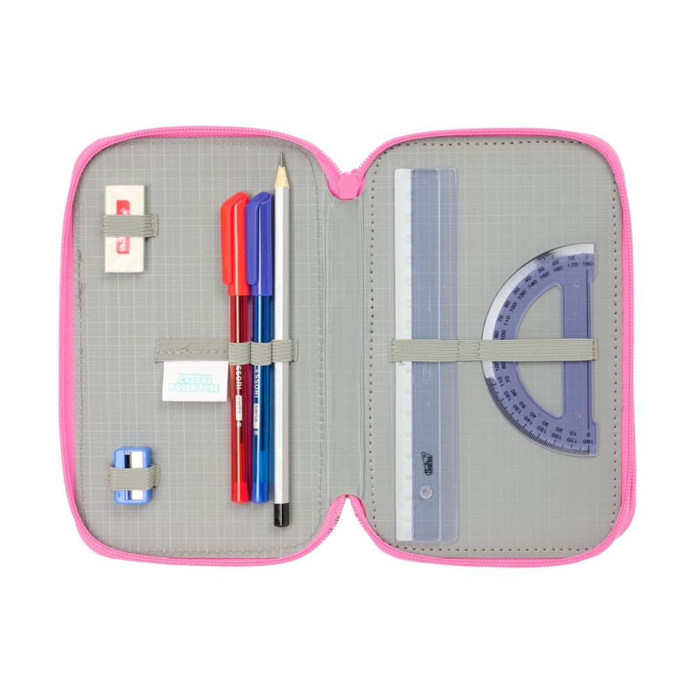 Triple Pencil Case Gabby's Dollhouse Confetti Pink Turquoise 12,5 x 19,5 x 5,5 cm 37 Pieces