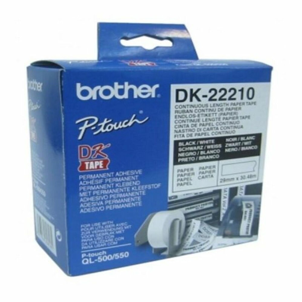 Papier Continu pour Imprimantes Brother DK22210 29 x 30,48 mm Blanc Noir 80 g/m² (1 Unités)