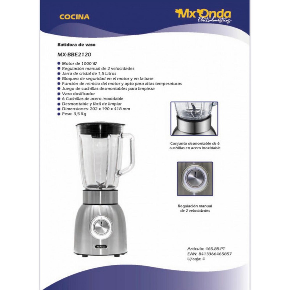 Bol mixeur Mx Onda MXBBE2120 Acier 1000 W
