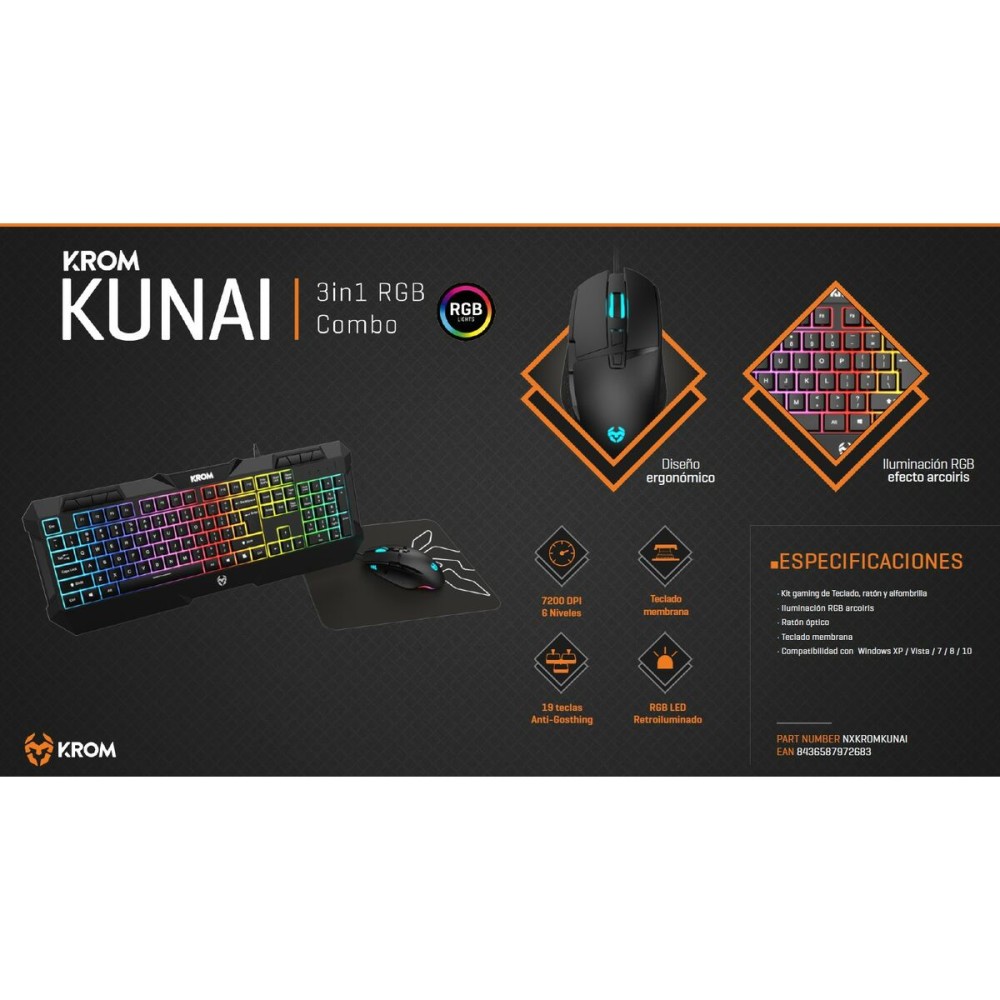 Keyboard with Gaming Mouse Krom Kunai Spanish Qwerty