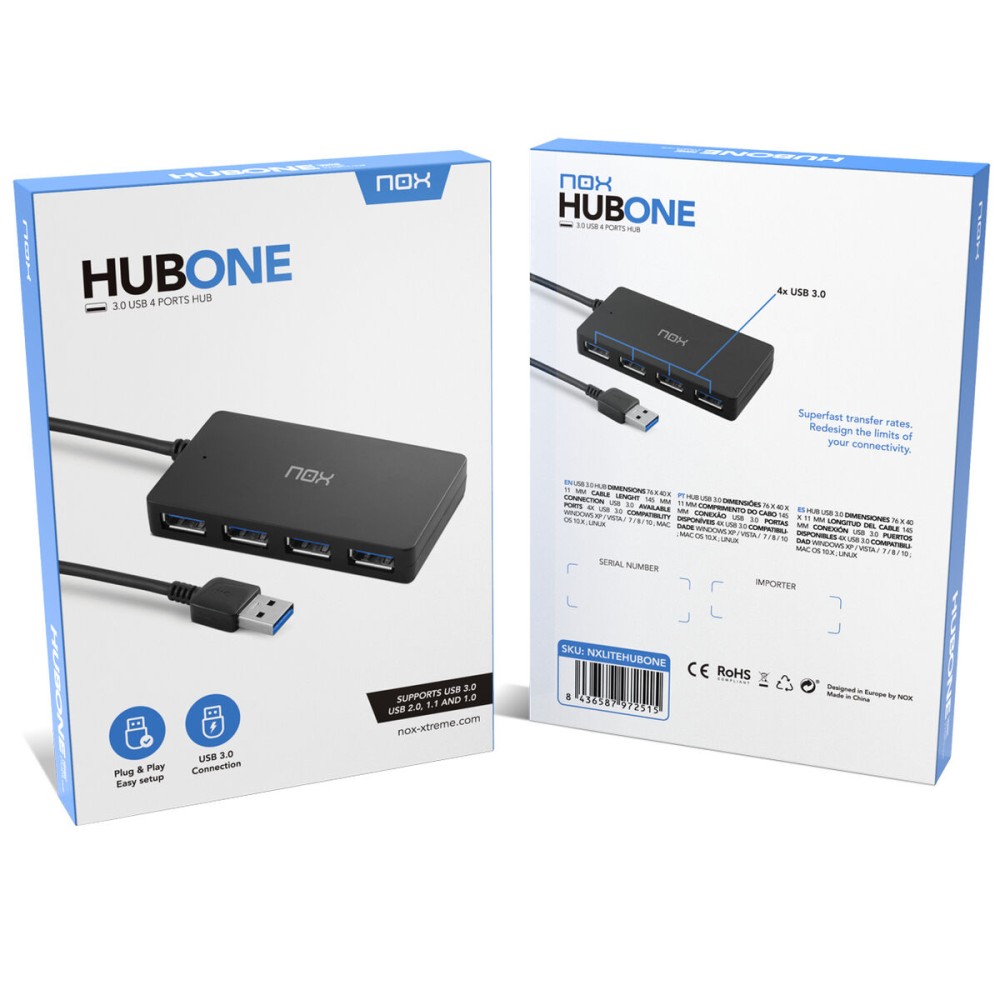Hub USB Nox-Xtreme NXLITEHUBONE USB x 4 Noir