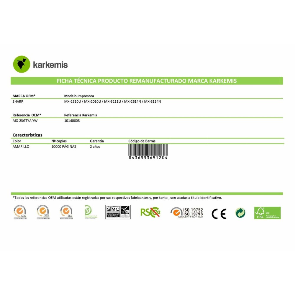 Toner original Karkemis MX-23GTYA Jaune