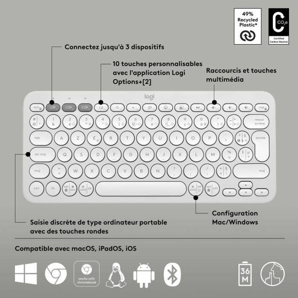Bluetooth-Tastatur für Tablet Logitech K380 Französisch Weiß AZERTY