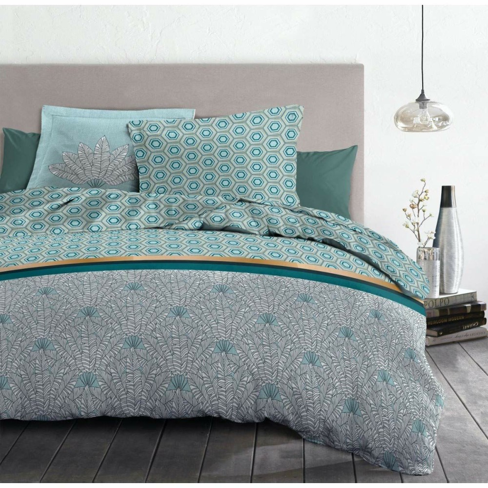 Parure de couette HOME LINGE PASSION Blanc Vert Vert émeraude Lit double 240 x 260 cm