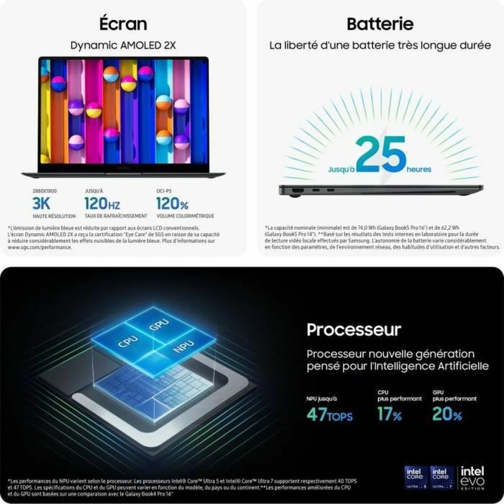 Ordinateur Portable Samsung GALAXY BOOK5 PRO 16" intel core ultra 7 256V 16 GB RAM 512 GB SSD