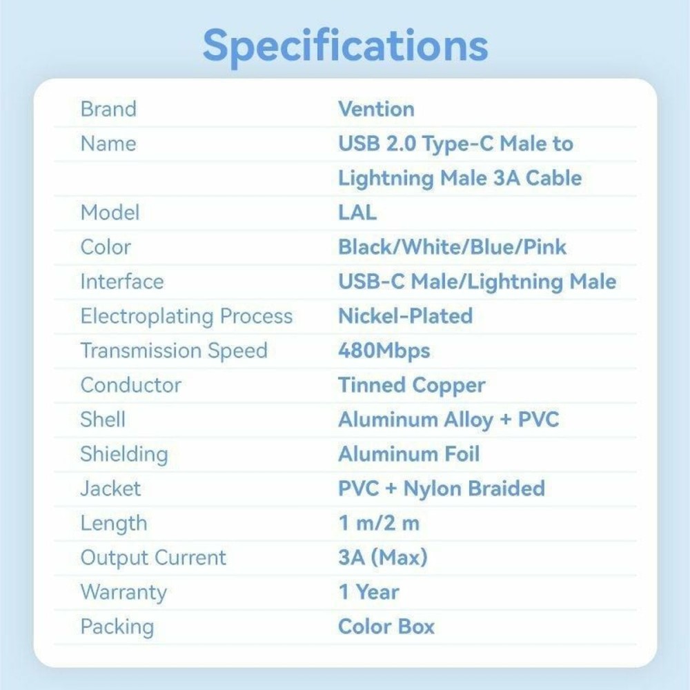 USB to Lightning Cable Vention LALBF 1 m