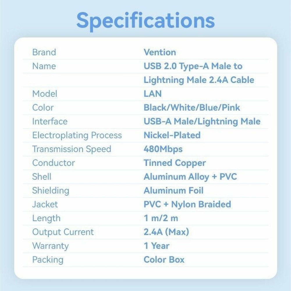 USB to Lightning Cable Vention LANSH 2 m