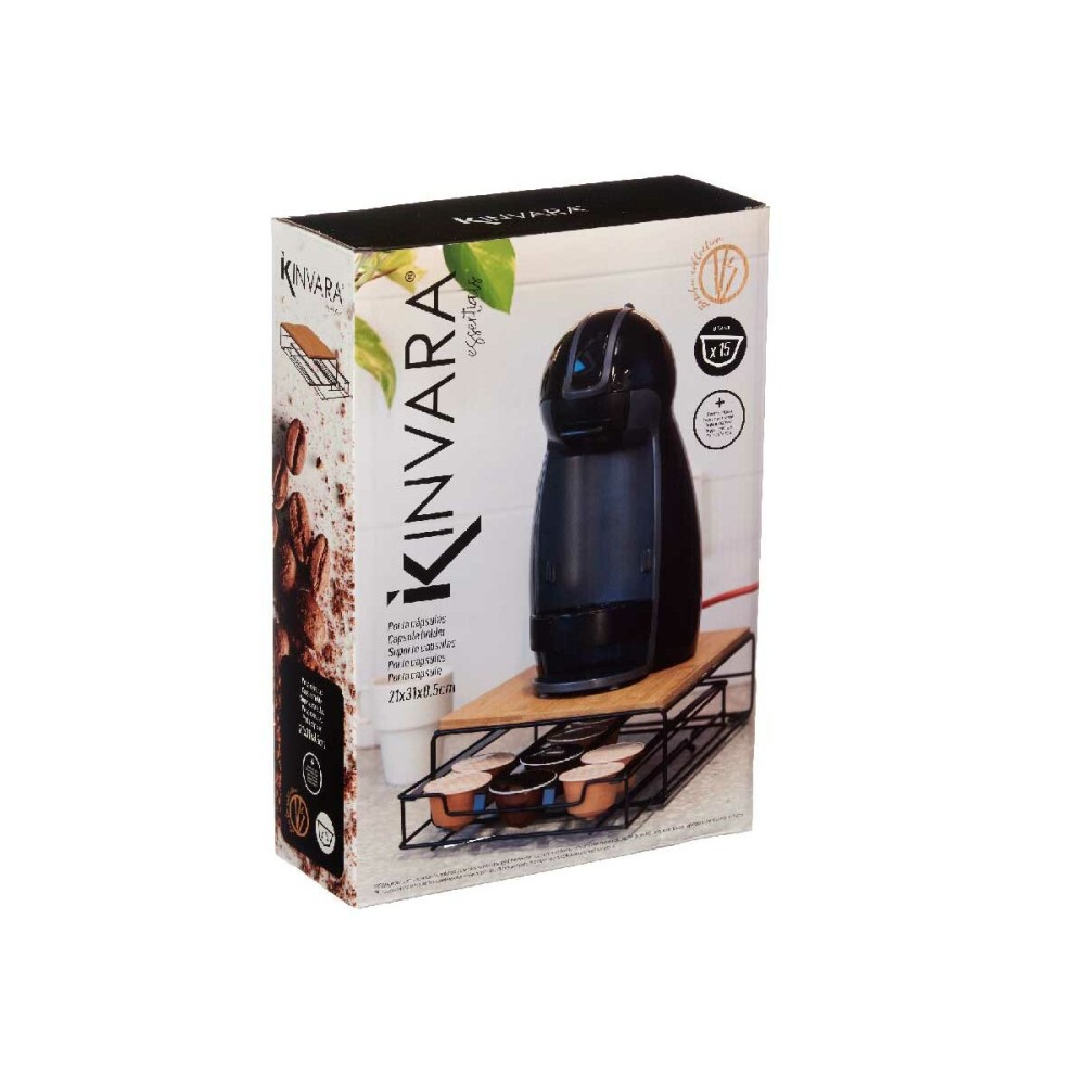 Coffee Capsule Organiser Black Natural Metal Bamboo 21 x 57 x 8,5 cm