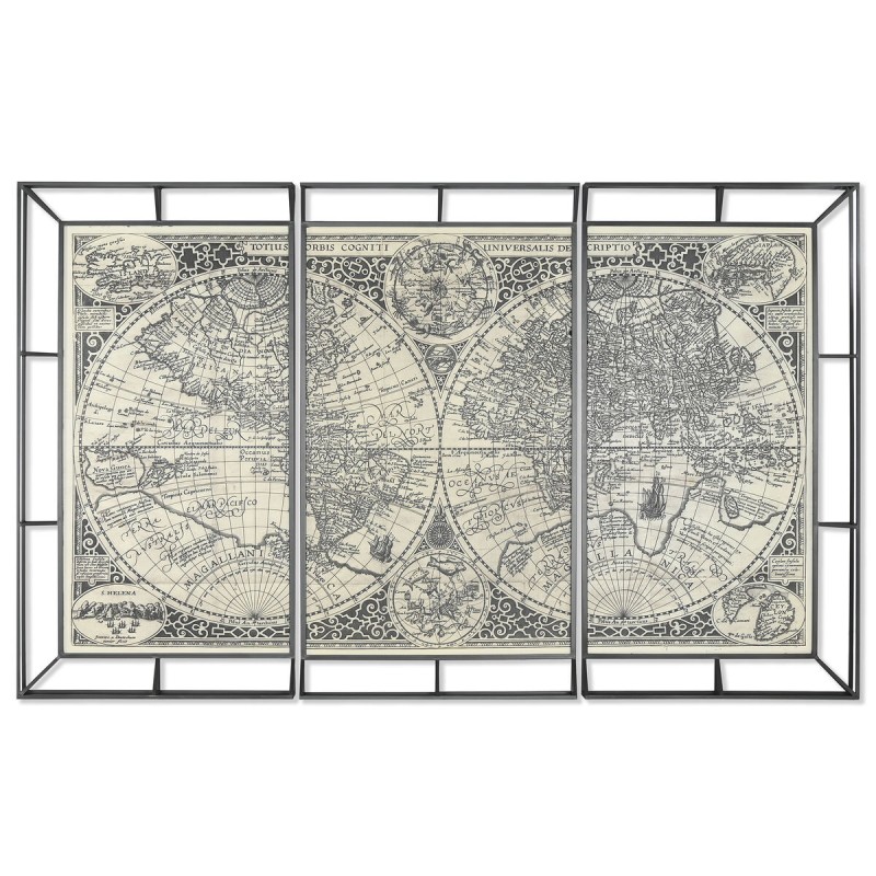 Jeu de 3 tableaux Home ESPRIT Blanc Noir Mappemonde 222 x 8 x 140 cm (3 Pièces)