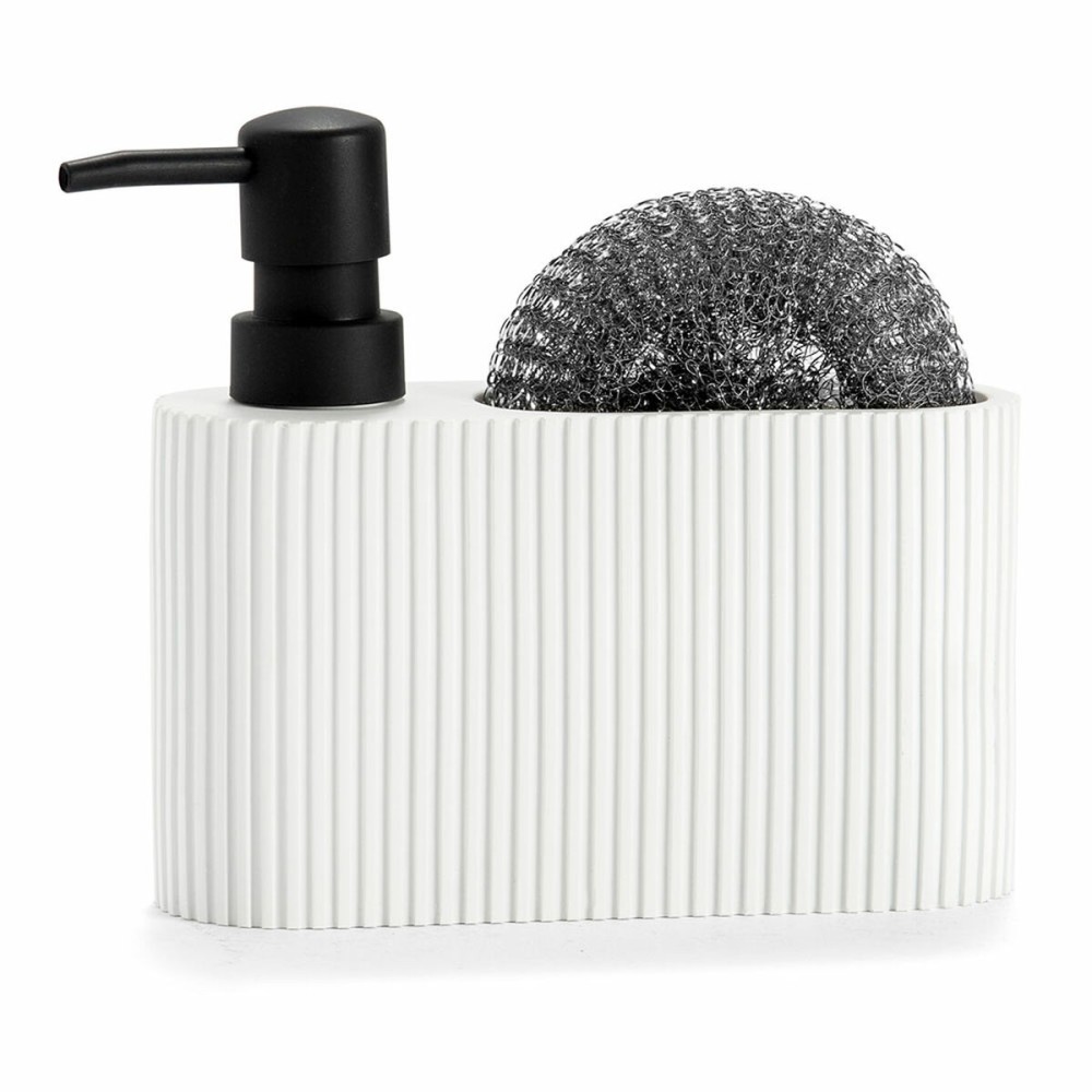 Distributeur de Liquide Vaisselle 2 en 1 Andrea House CC71086 Résine Polyrésine 16 x 5 x 15 cm Tampon à récurer Blanc