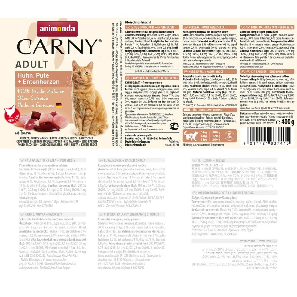 Aliments pour chat Animonda Poulet Dinde Canard 400 g