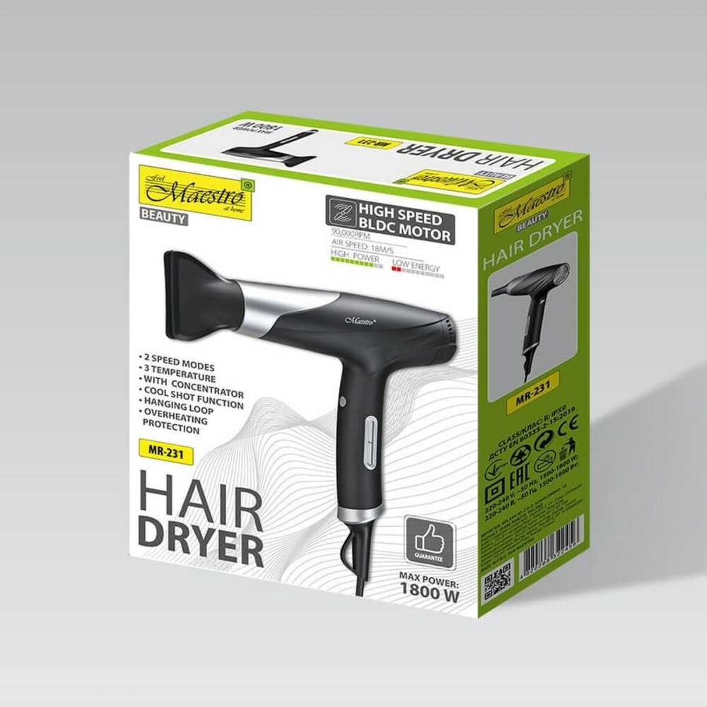 Hairdryer Feel Maestro MR-231 Black Silver 1800 W