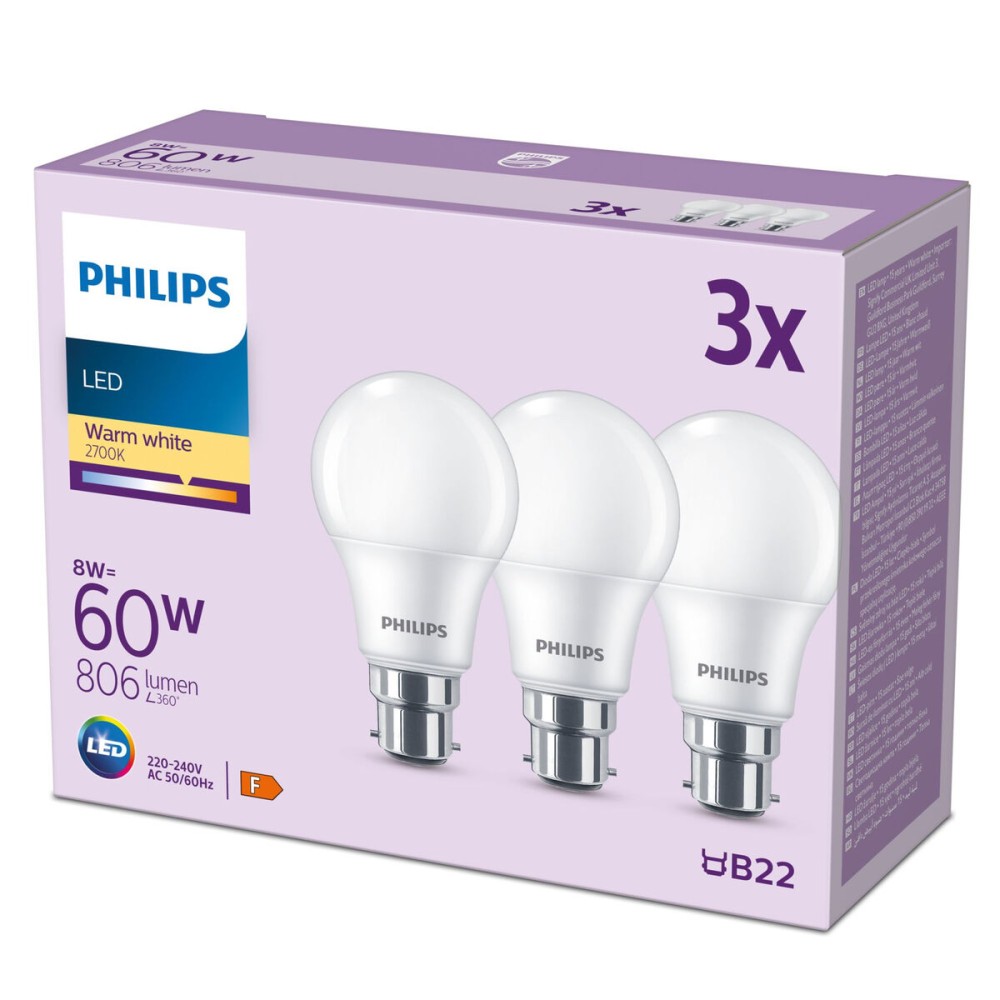 Lampe LED Philips 60 W Mat Vert tendre F 8 W 60 W B22 3 Unités (2700 K)