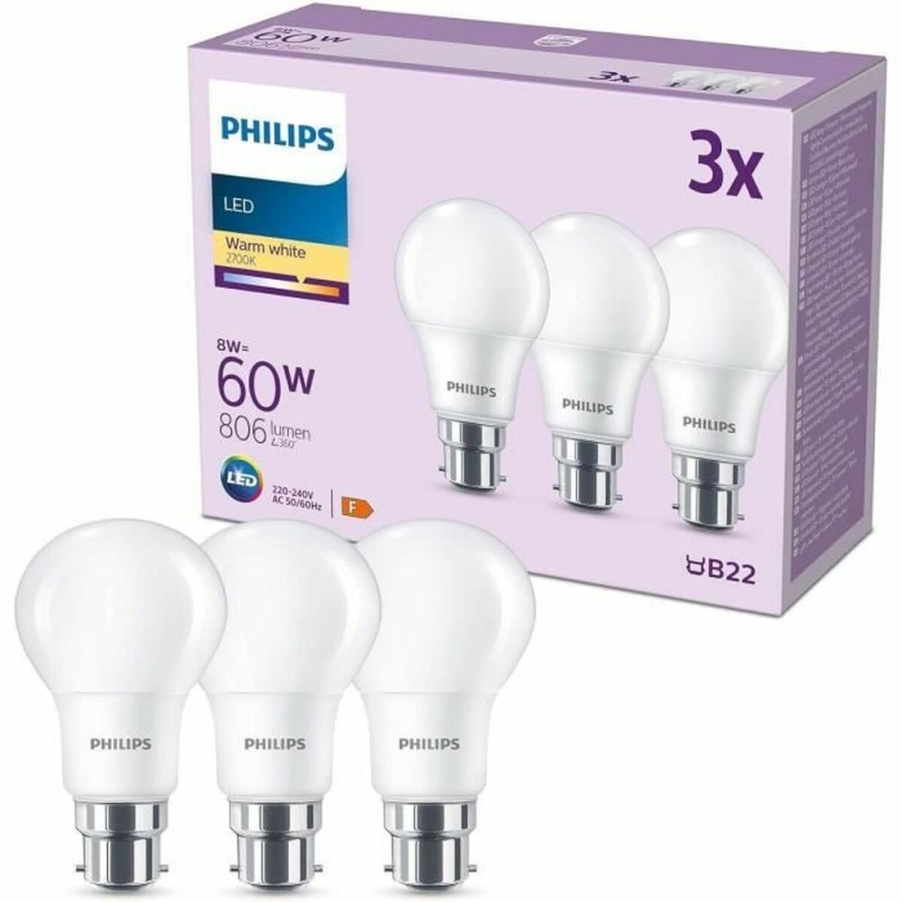 Lampe LED Philips 60 W Mat Vert tendre F 8 W 60 W B22 3 Unités (2700 K)